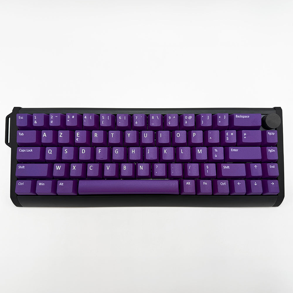 Customisable purple non-backlit PBT keycaps with white legends on a mechanical keyboard, featuring ANSI AZERTY OEM profile keys with matte finish.