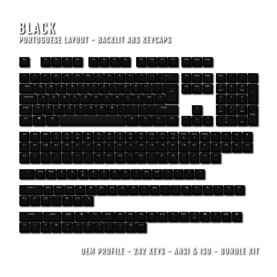 Black Portuguese (ISO-PT) Backlit ABS Keycaps Krome Keycaps LTD portuguese