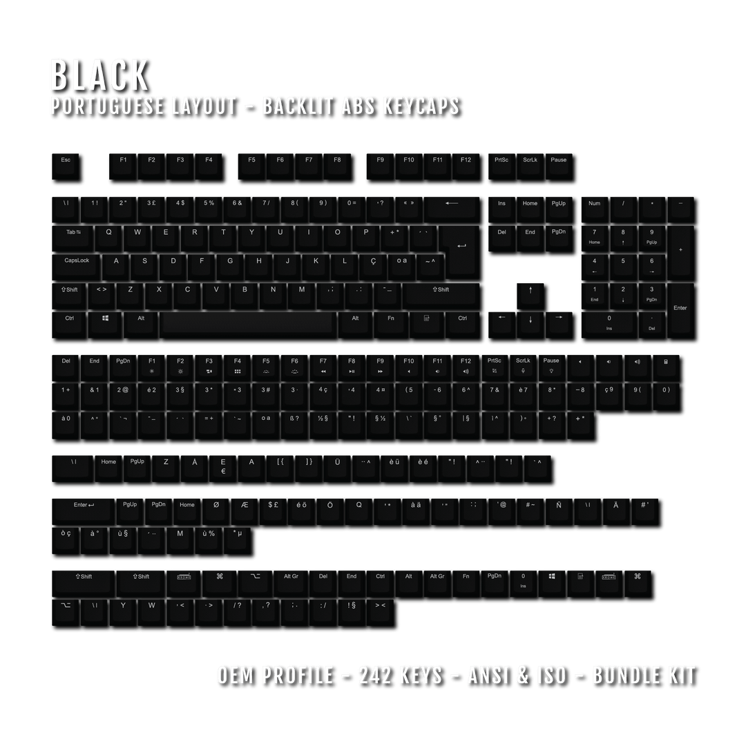 Black Backlit Portuguese Keycaps - ISO-PT - Windows & Mac - kromekeycaps