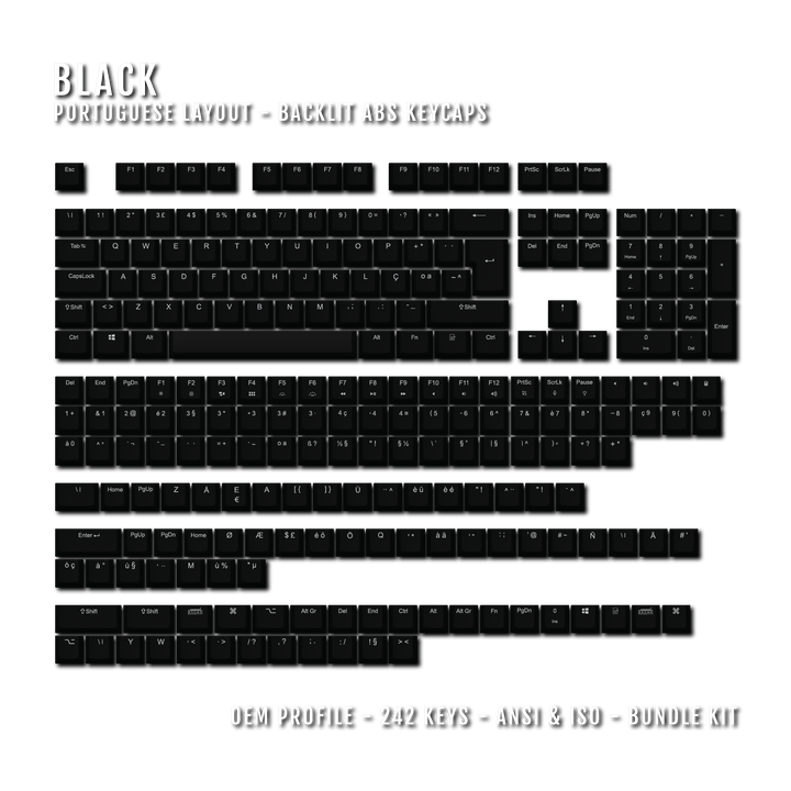 Black Backlit Portuguese Keycaps - ISO-PT - Windows & Mac - kromekeycaps