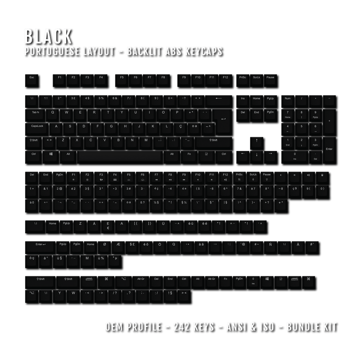 Black Portuguese (ISO-PT) Backlit ABS Keycaps Krome Keycaps LTD portuguese