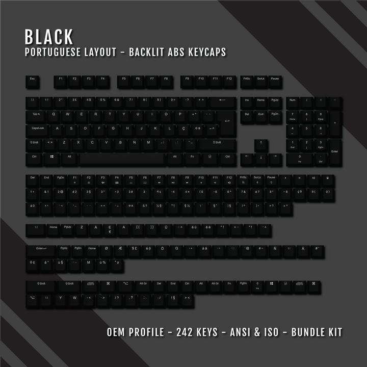 Black Portuguese (ISO-PT) Backlit ABS Keycaps Krome Keycaps LTD portuguese