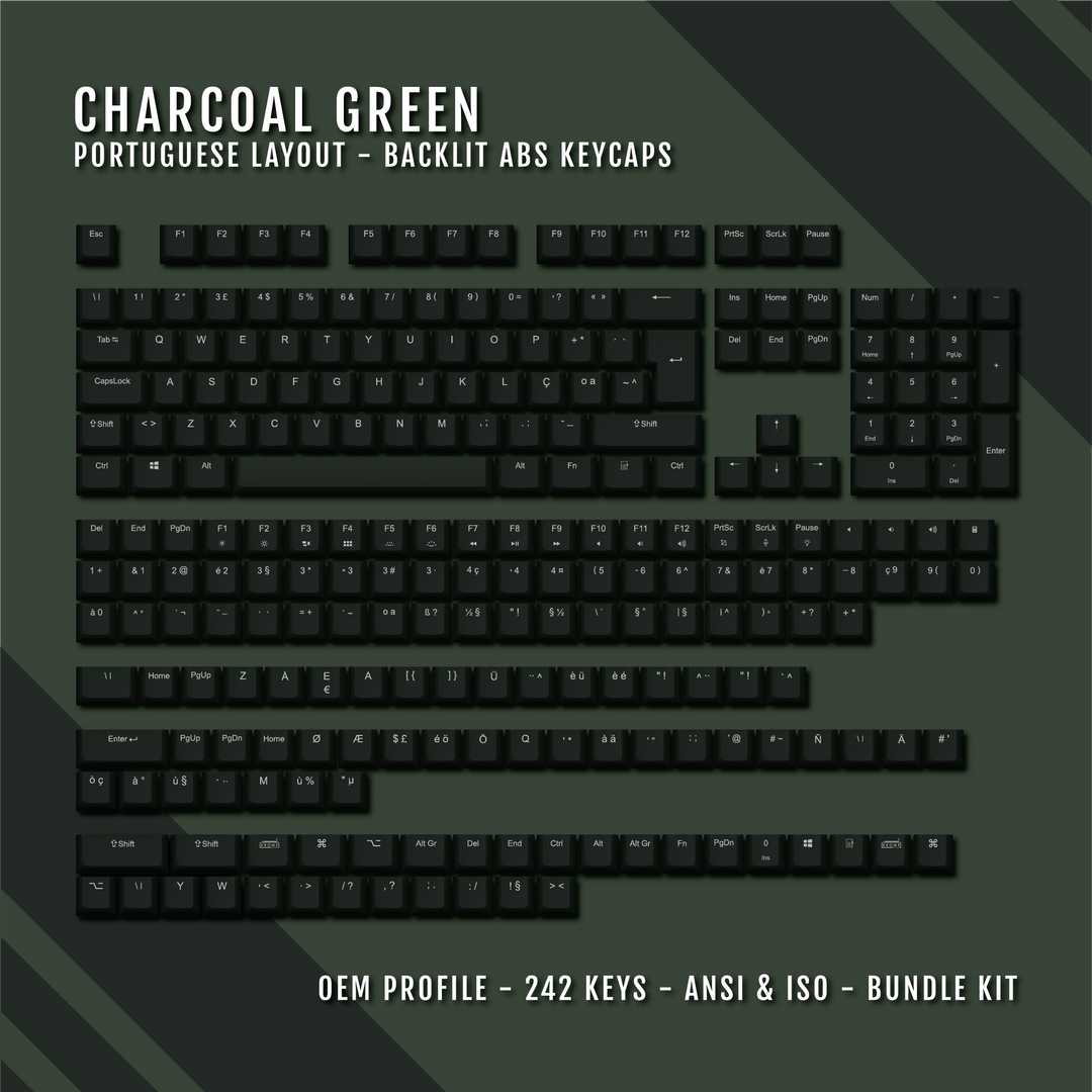 Charcoal Green Backlit Portuguese Keycaps - ISO-PT - Windows & Mac - kromekeycaps
