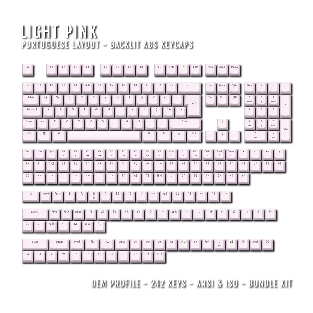 Light Pink Backlit Portuguese Keycaps - ISO-PT - Windows & Mac - kromekeycaps