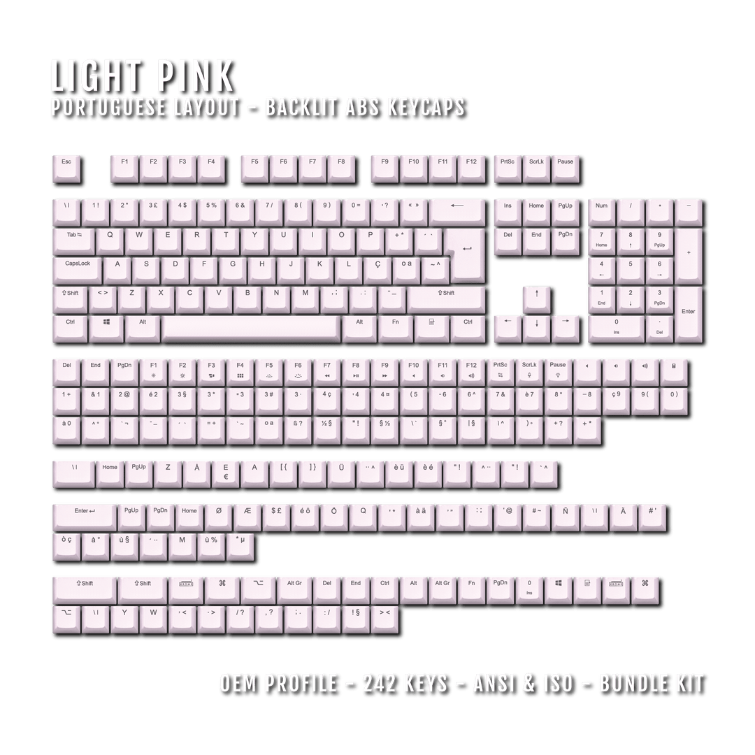 Light Pink Backlit Portuguese Keycaps - ISO-PT - Windows & Mac - kromekeycaps