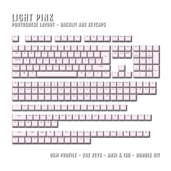 Light Pink Backlit Portuguese Keycaps - ISO-PT - Windows & Mac - kromekeycaps