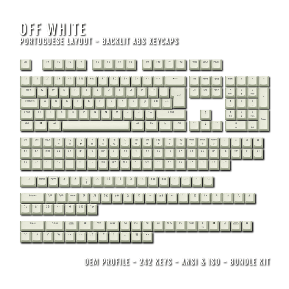 Off White Backlit Portuguese Keycaps - ISO-PT - Windows & Mac - kromekeycaps