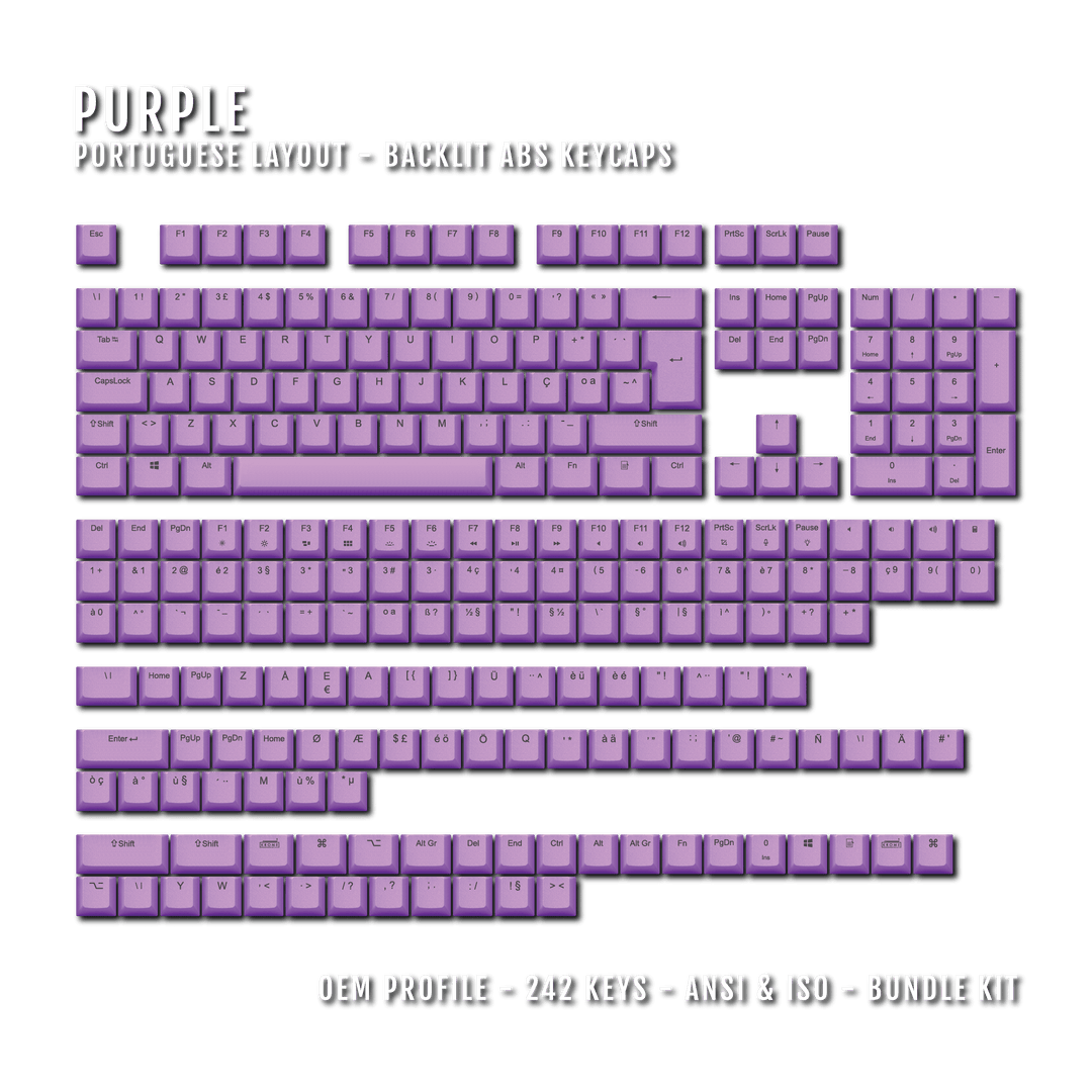 Purple Portuguese (ISO-PT) Backlit ABS Keycaps for Windows & Mac