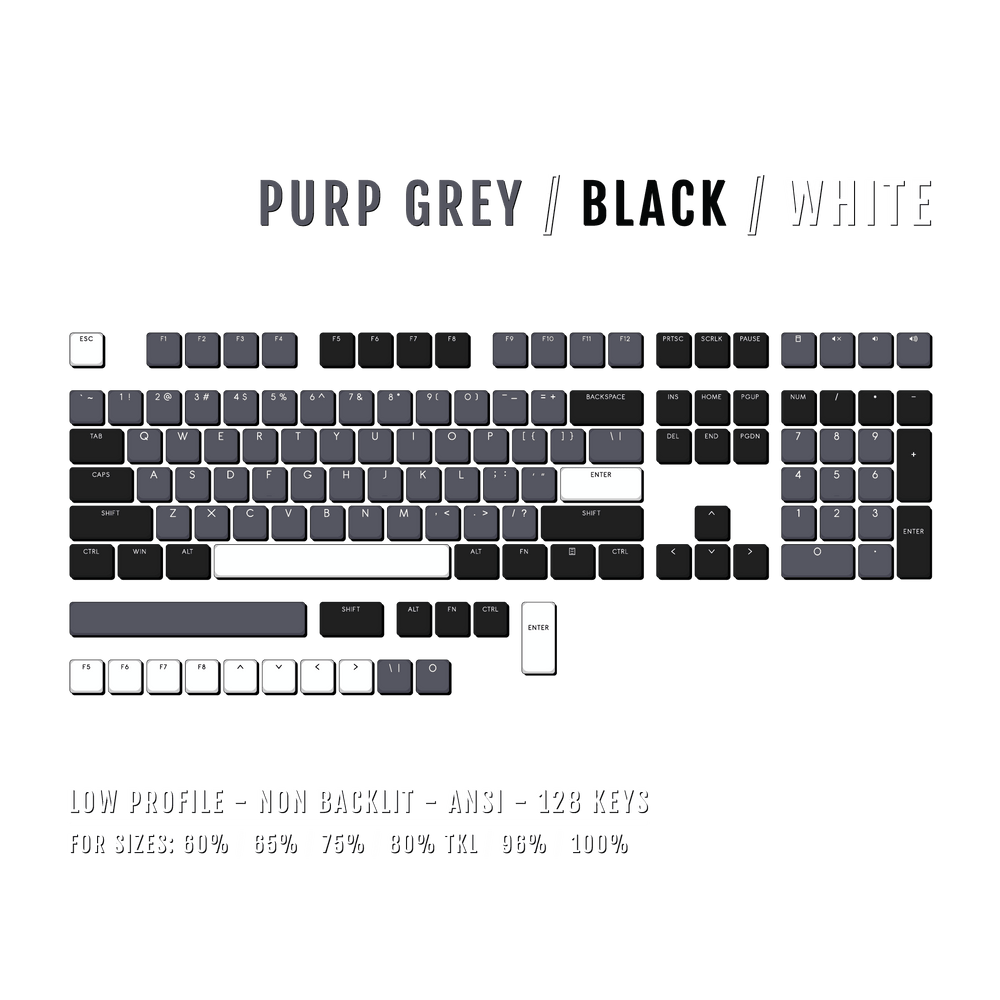 Purple Grey/Black/White Low Profile PBT Keycaps Krome Keycaps LTD Non Backlit Low Profile