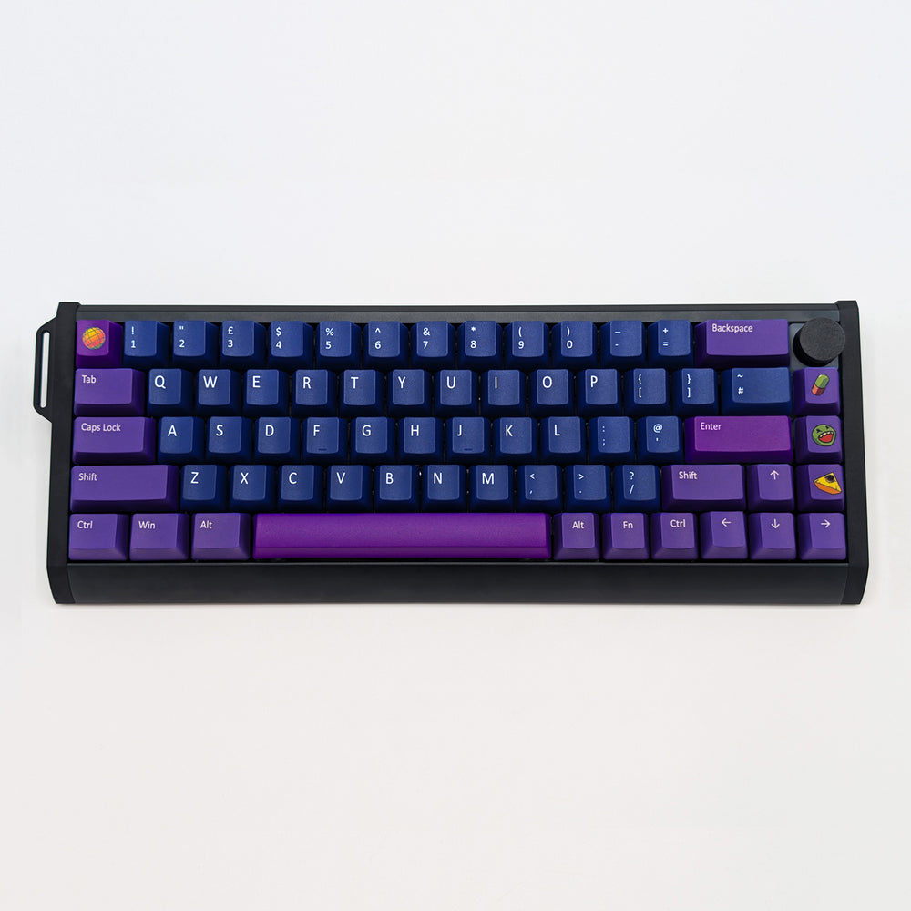 RAVE QWERTY PBT keycaps on a mechanical keyboard, featuring OEM profile keys with Dark Blue, Purple and Violet Keycaps