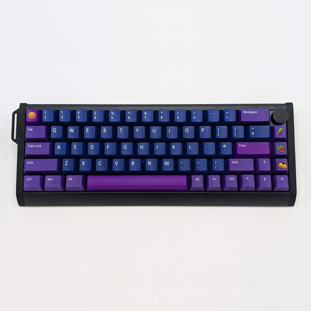 RAVE QWERTY PBT keycaps on a mechanical keyboard, featuring OEM profile keys with Dark Blue, Purple and Violet Keycaps
