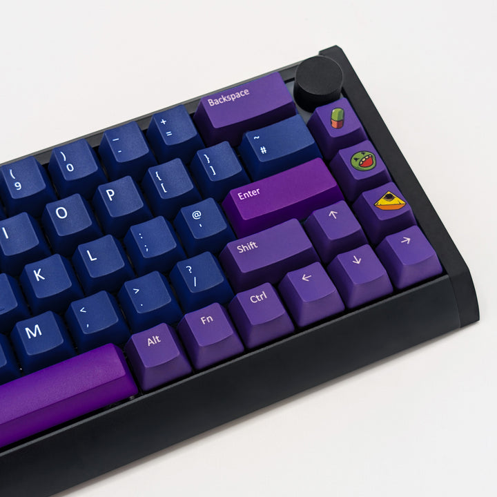 RAVE QWERTY PBT keycaps on a mechanical keyboard, featuring OEM profile keys with Dark Blue, Purple and Violet Keycaps