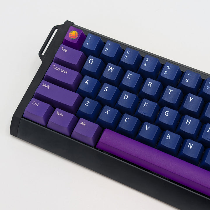 RAVE QWERTY PBT keycaps on a mechanical keyboard, featuring OEM profile keys with Dark Blue, Purple and Violet Keycaps