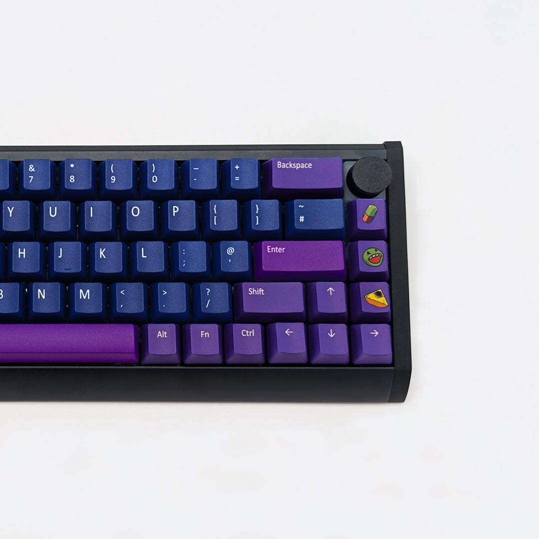 RAVE QWERTY PBT keycaps on a mechanical keyboard, featuring OEM profile keys with Dark Blue, Purple and Violet Keycaps