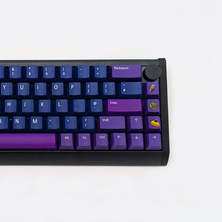 RAVE QWERTY PBT keycaps on a mechanical keyboard, featuring OEM profile keys with Dark Blue, Purple and Violet Keycaps