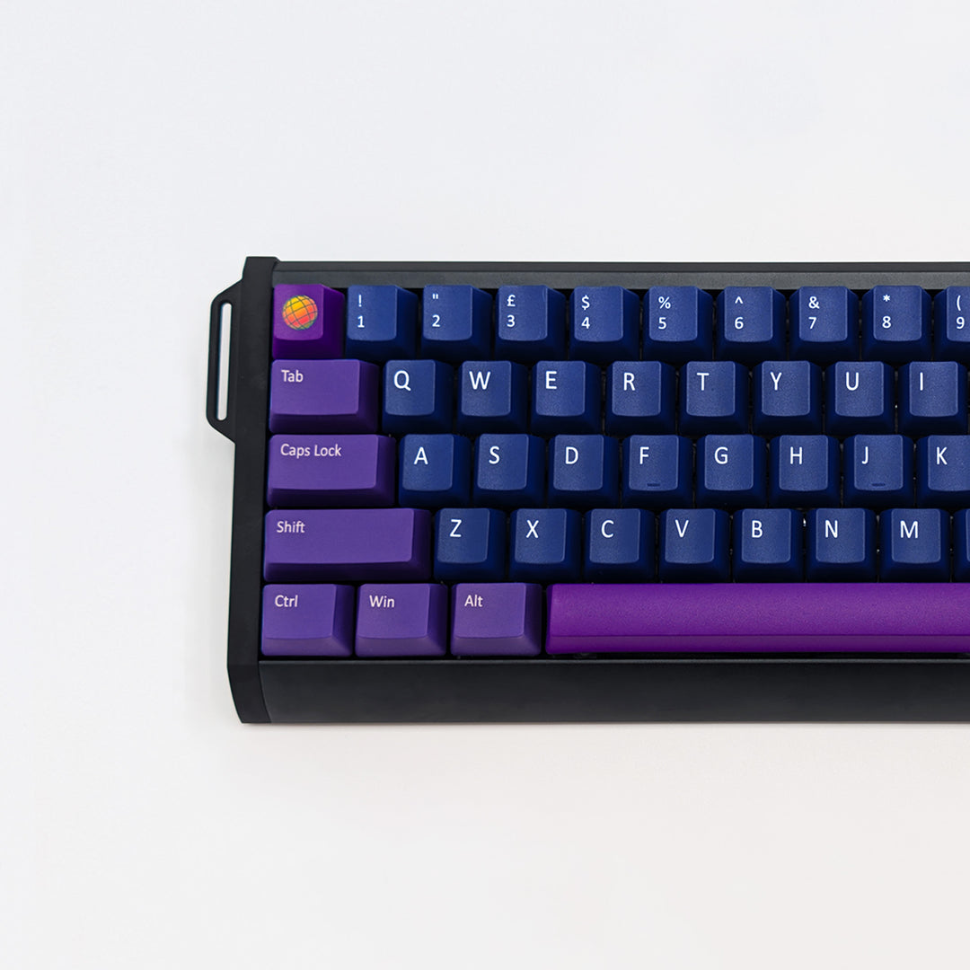 RAVE QWERTY PBT keycaps on a mechanical keyboard, featuring OEM profile keys with Dark Blue, Purple and Violet Keycaps