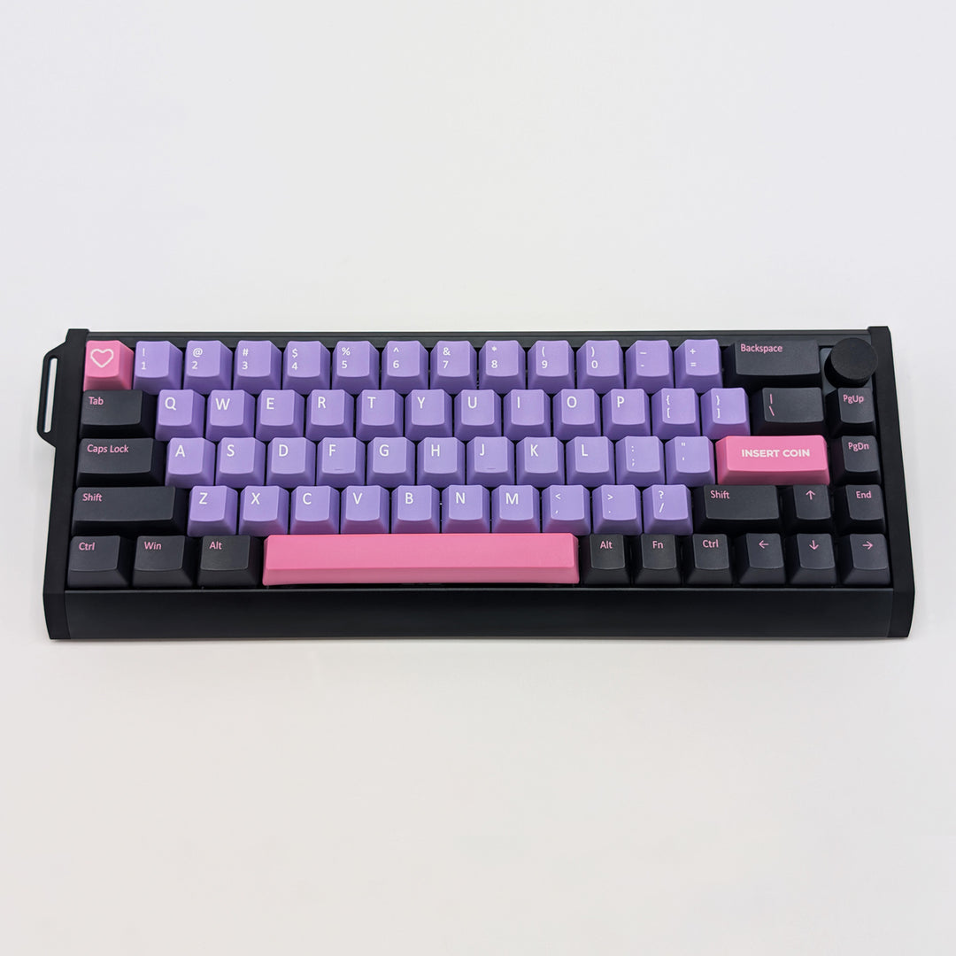 RETRO QWERTY PBT keycaps on a mechanical keyboard, featuring OEM profile keys with Purple, Grey and Pink Keycaps