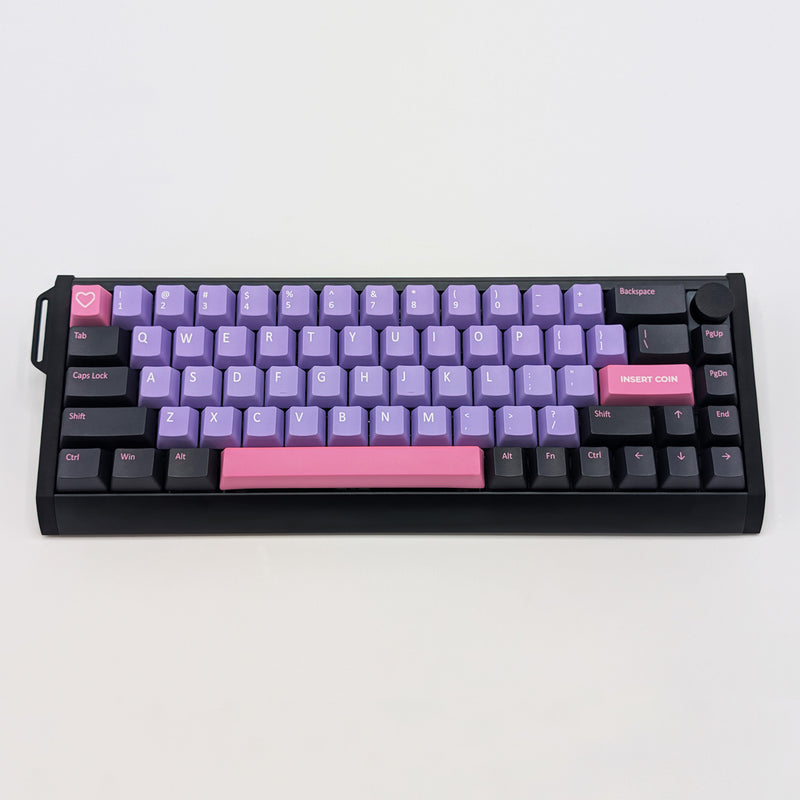 RETRO QWERTY PBT keycaps on a mechanical keyboard, featuring OEM profile keys with Purple, Grey and Pink Keycaps