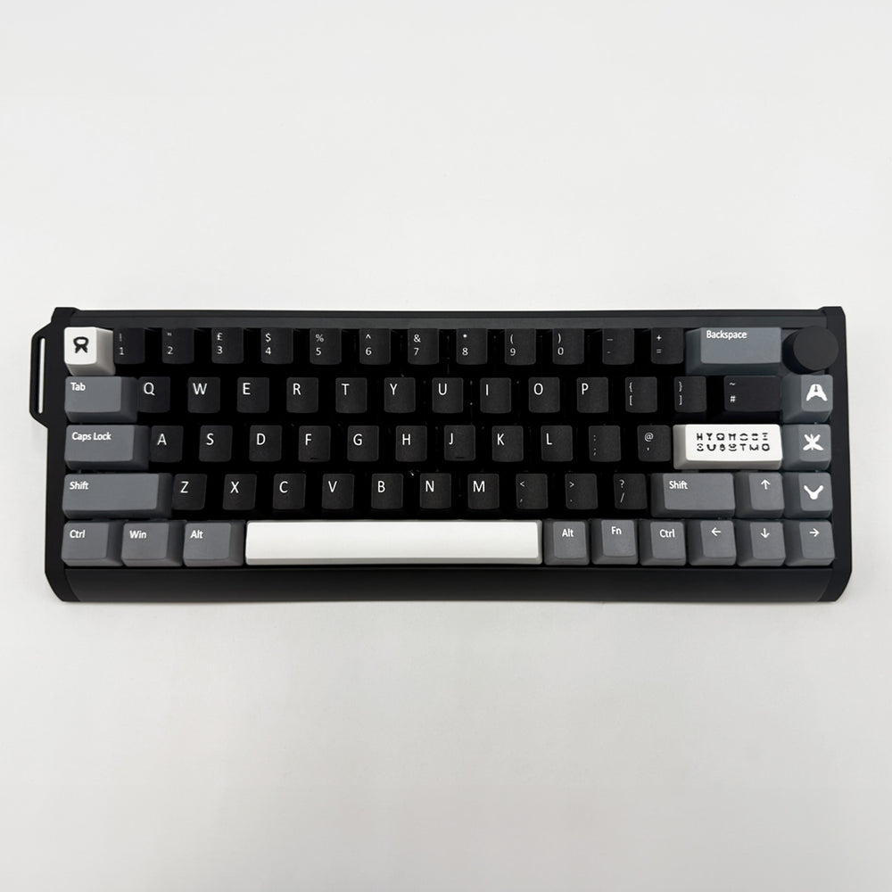 RORSCHACH QWERTY PBT keycaps on a mechanical keyboard, featuring OEM profile keys and Grey, White & Black Keycaps