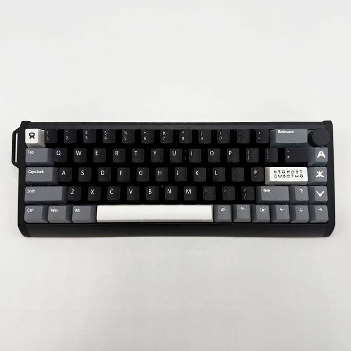 RORSCHACH QWERTY PBT keycaps on a mechanical keyboard, featuring OEM profile keys and Grey, White & Black Keycaps