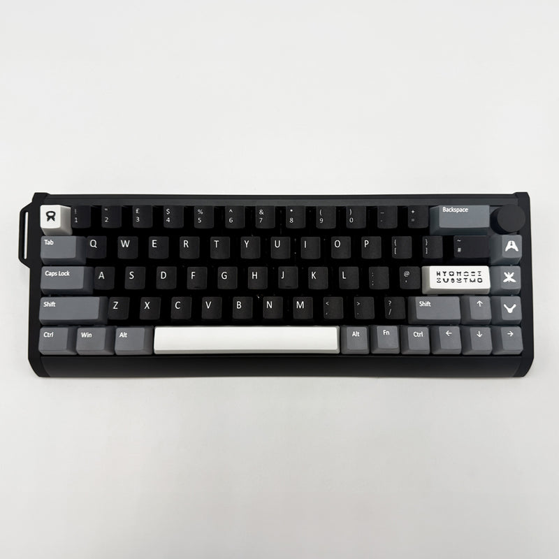 RORSCHACH QWERTY PBT keycaps on a mechanical keyboard, featuring OEM profile keys and Grey, White & Black Keycaps