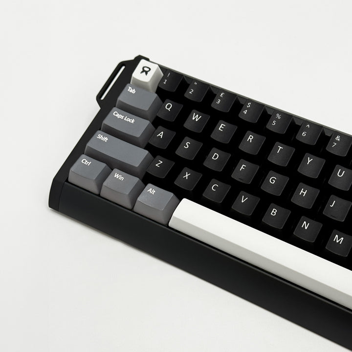 RORSCHACH QWERTY PBT keycaps on a mechanical keyboard, featuring OEM profile keys and Grey, White & Black Keycaps