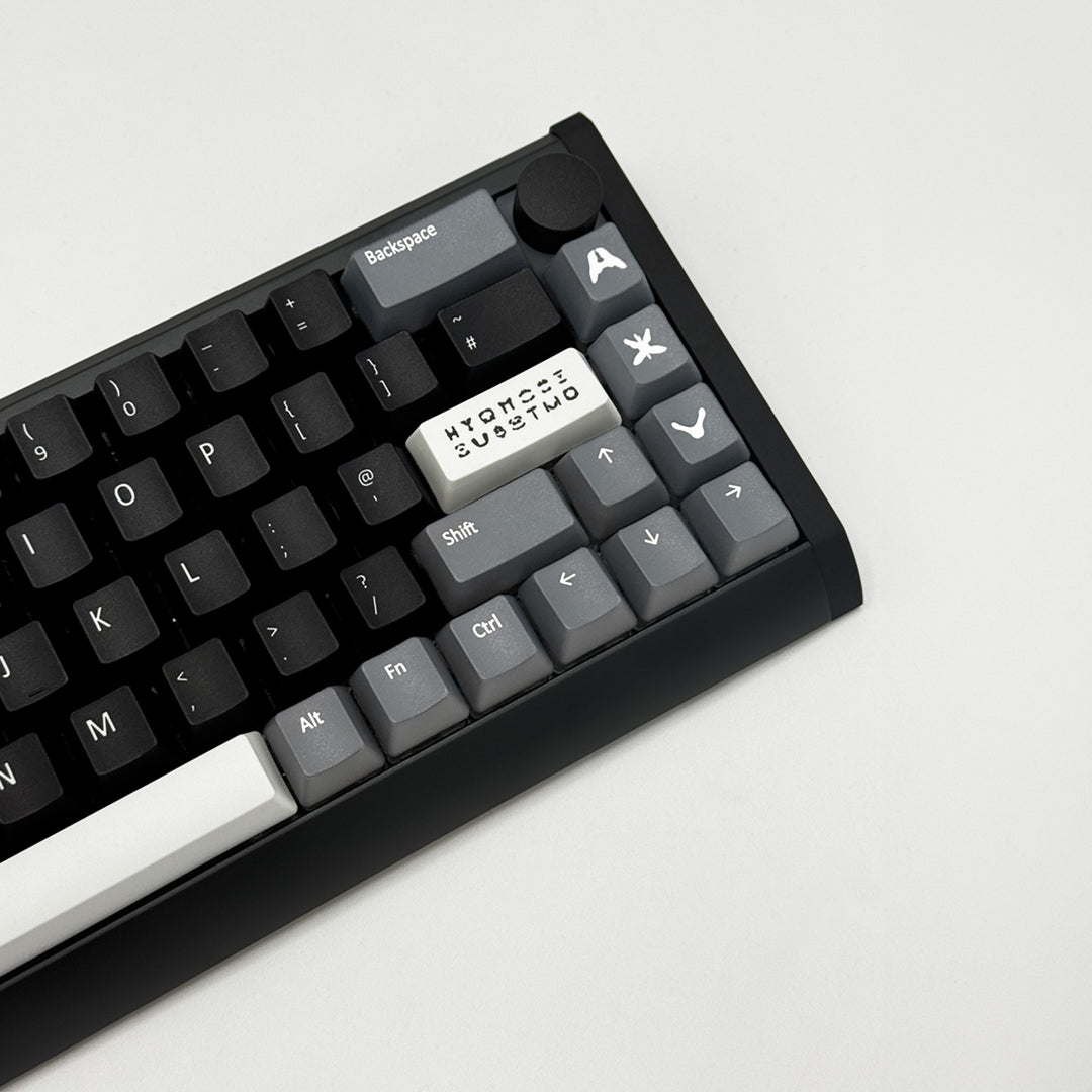 RORSCHACH QWERTY PBT keycaps on a mechanical keyboard, featuring OEM profile keys and Grey, White & Black Keycaps