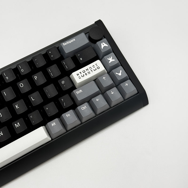 RORSCHACH QWERTY PBT keycaps on a mechanical keyboard, featuring OEM profile keys and Grey, White & Black Keycaps