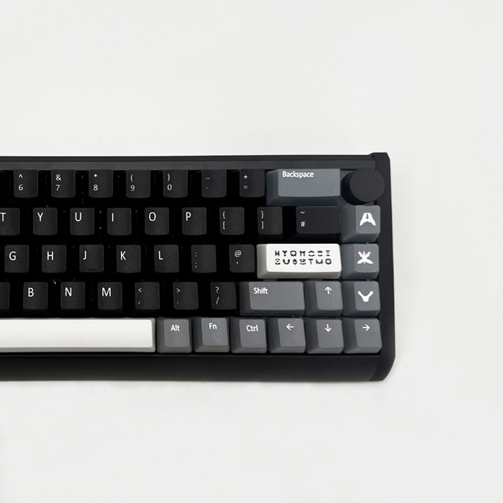 RORSCHACH QWERTY PBT keycaps on a mechanical keyboard, featuring OEM profile keys and Grey, White & Black Keycaps