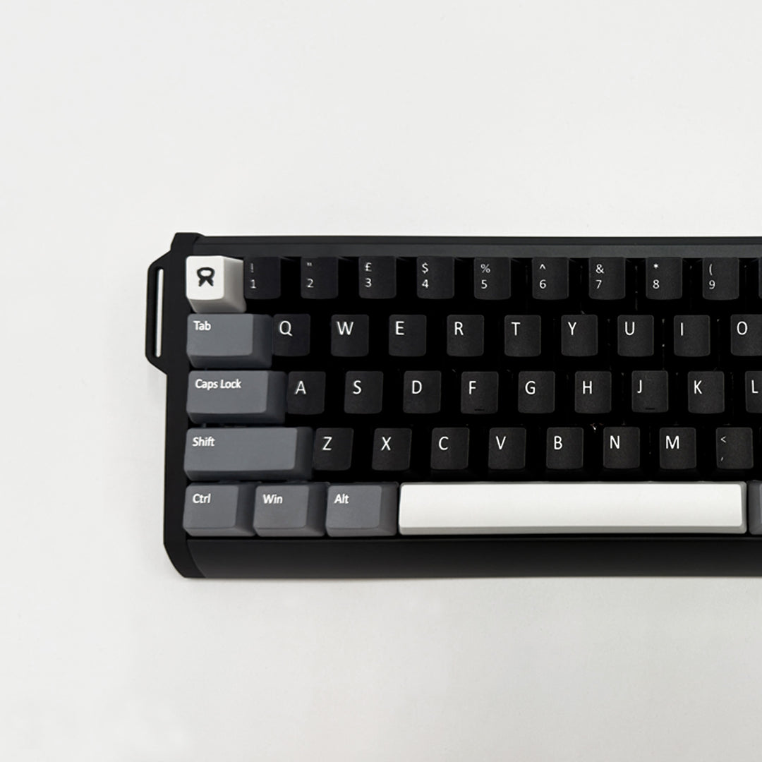 RORSCHACH QWERTY PBT keycaps on a mechanical keyboard, featuring OEM profile keys and Grey, White & Black Keycaps
