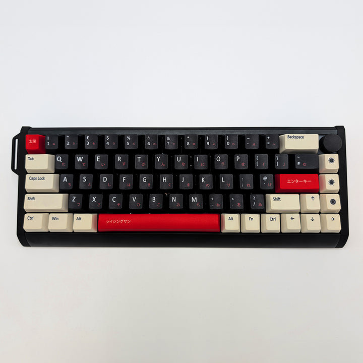 RISING SUN QWERTY PBT keycaps on a mechanical keyboard, featuring OEM profile keys with Off-White/Beige, Black and Red Keycaps