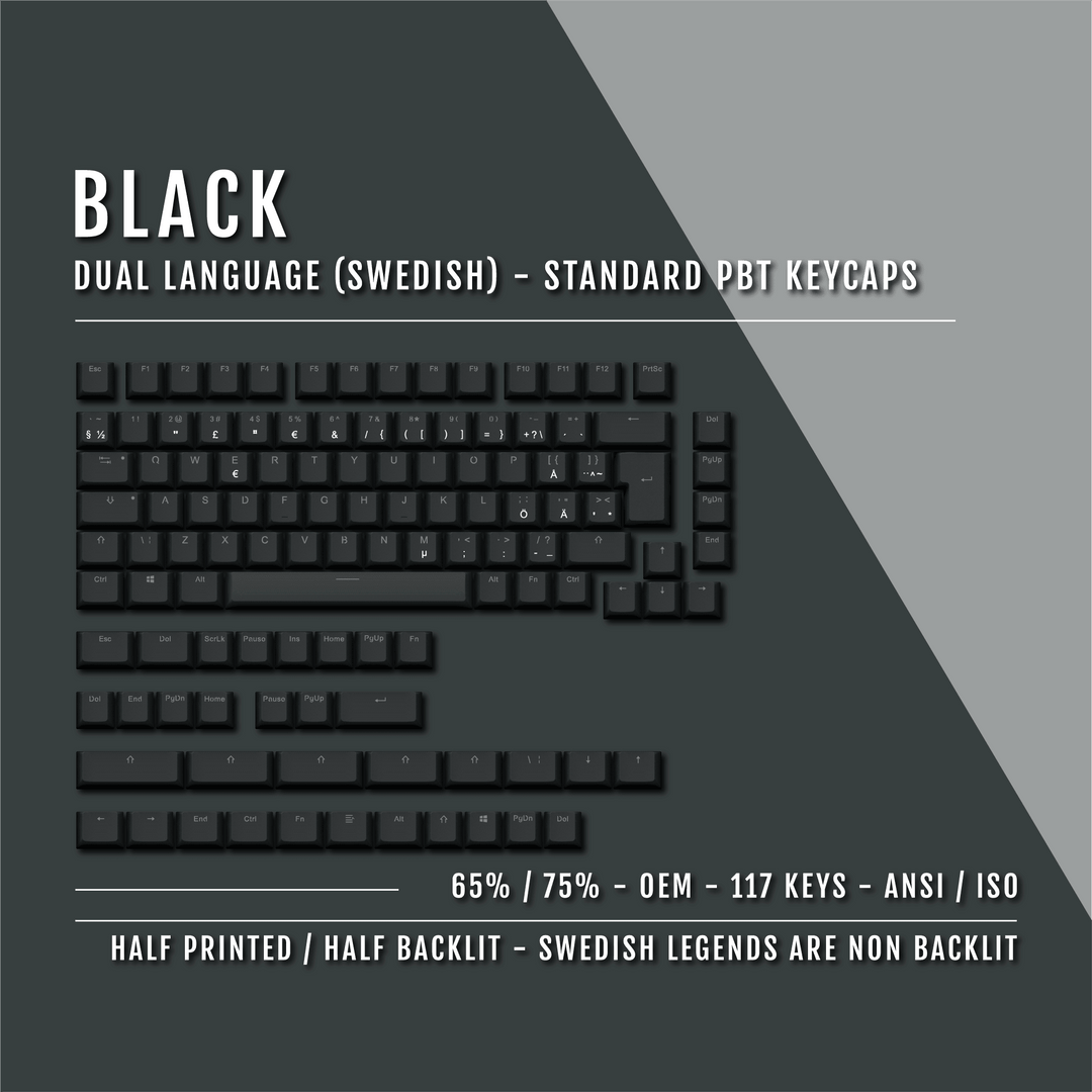 Black PBT Swedish Keycaps - ISO-SE - 65/75% Sizes - Dual Language Keycaps - kromekeycaps