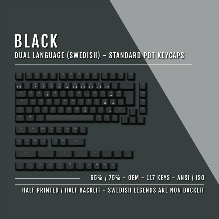 Black Swedish (ISO-SE) Dual Language PBT Keycaps - 65/75% Krome Keycaps LTD swedish