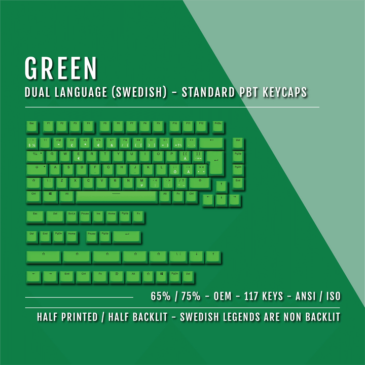 Green Swedish (ISO-SE) Dual Language PBT Keycaps - 65/75% Krome Keycaps LTD swedish