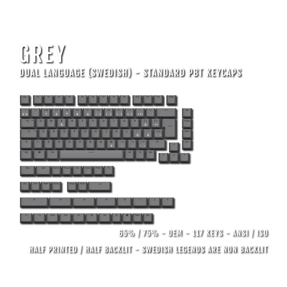 Grey PBT Swedish Keycaps - ISO-SE - 65/75% Sizes - Dual Language Keycaps - kromekeycaps