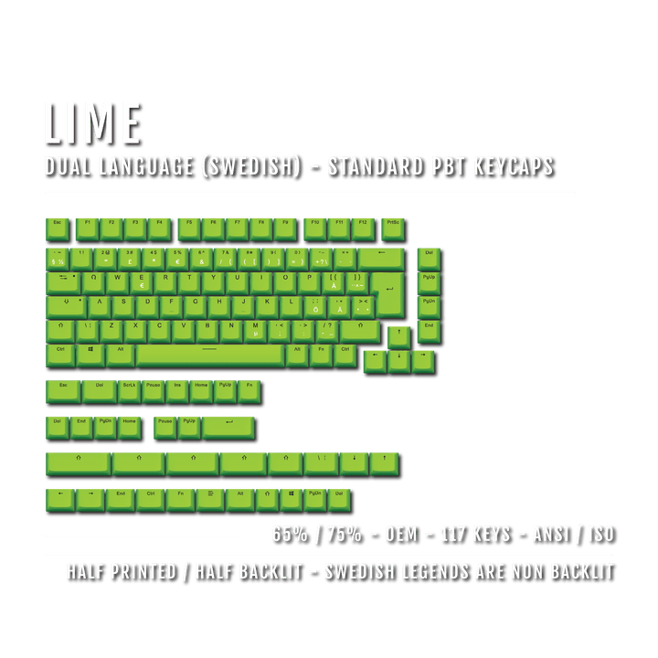 Lime Swedish (ISO-SE) Dual Language PBT Keycaps - 65/75% Krome Keycaps LTD swedish