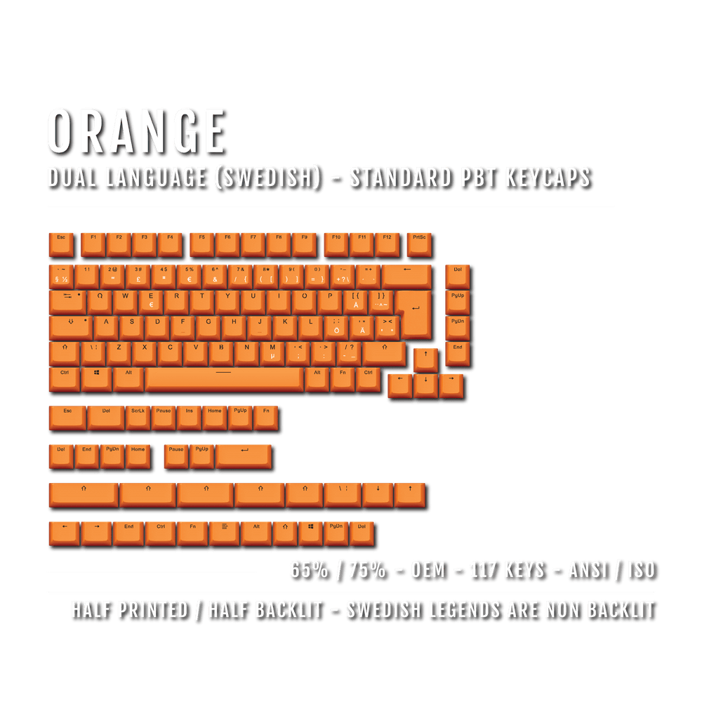 Orange Swedish (ISO-SE) Dual Language PBT Keycaps - 65/75% Krome Keycaps LTD swedish
