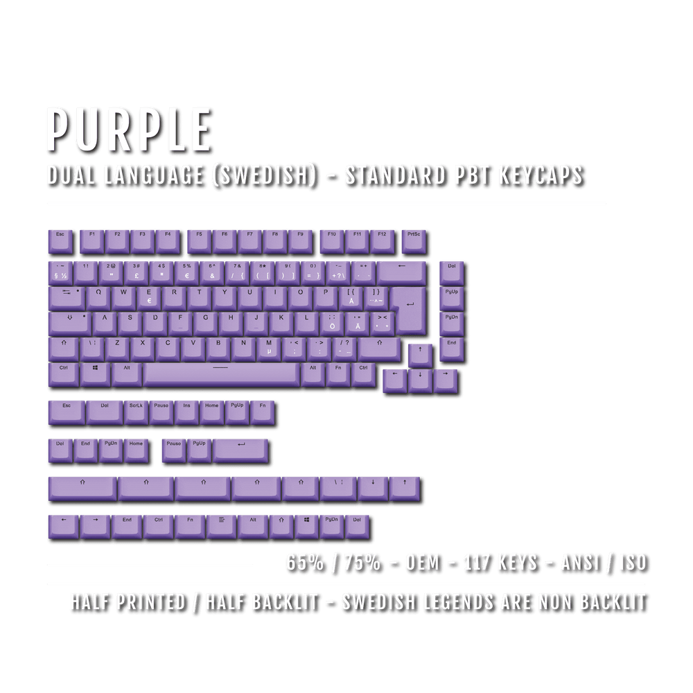 Purple PBT Swedish Keycaps - ISO-SE - 65/75% Sizes - Dual Language Keycaps - kromekeycaps