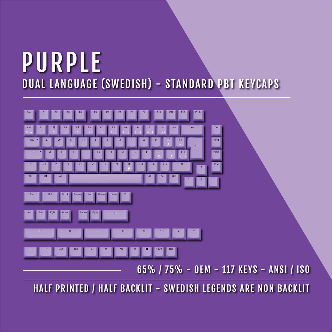 Purple PBT Swedish Keycaps - ISO-SE - 65/75% Sizes - Dual Language Keycaps - kromekeycaps