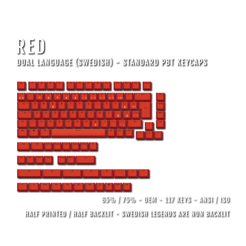 Red PBT Swedish Keycaps - ISO-SE - 65/75% Sizes - Dual Language Keycaps - kromekeycaps
