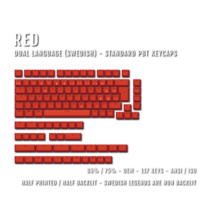Red Swedish (ISO-SE) Dual Language PBT Keycaps - 65/75% Krome Keycaps LTD swedish
