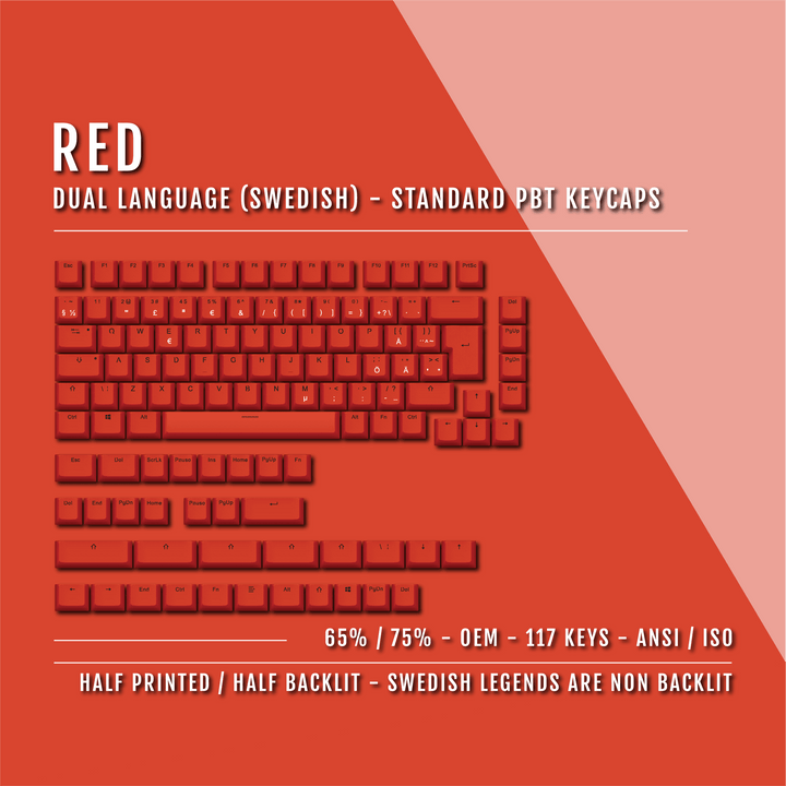Red Swedish (ISO-SE) Dual Language PBT Keycaps - 65/75% Krome Keycaps LTD swedish