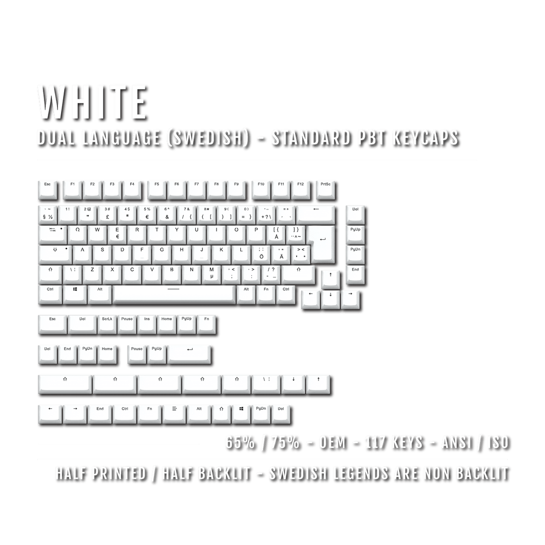 White Swedish (ISO-SE) Dual Language PBT Keycaps - 65/75% Krome Keycaps LTD swedish