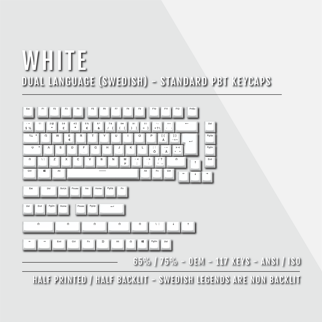 White PBT Swedish Keycaps - ISO-SE - 65/75% Sizes - Dual Language Keycaps - kromekeycaps