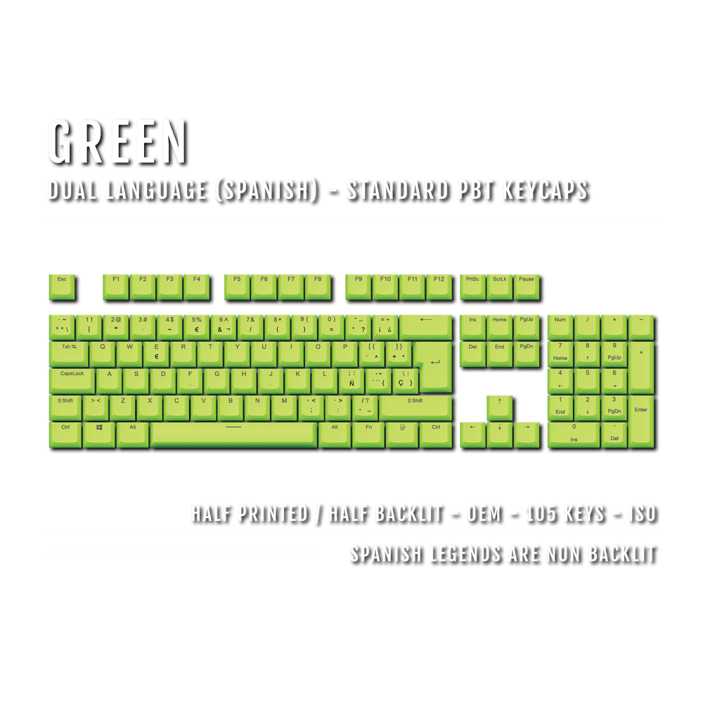 Green PBT Spanish Keycaps - ISO-ES - 100% Size - Dual Language Keycaps - kromekeycaps