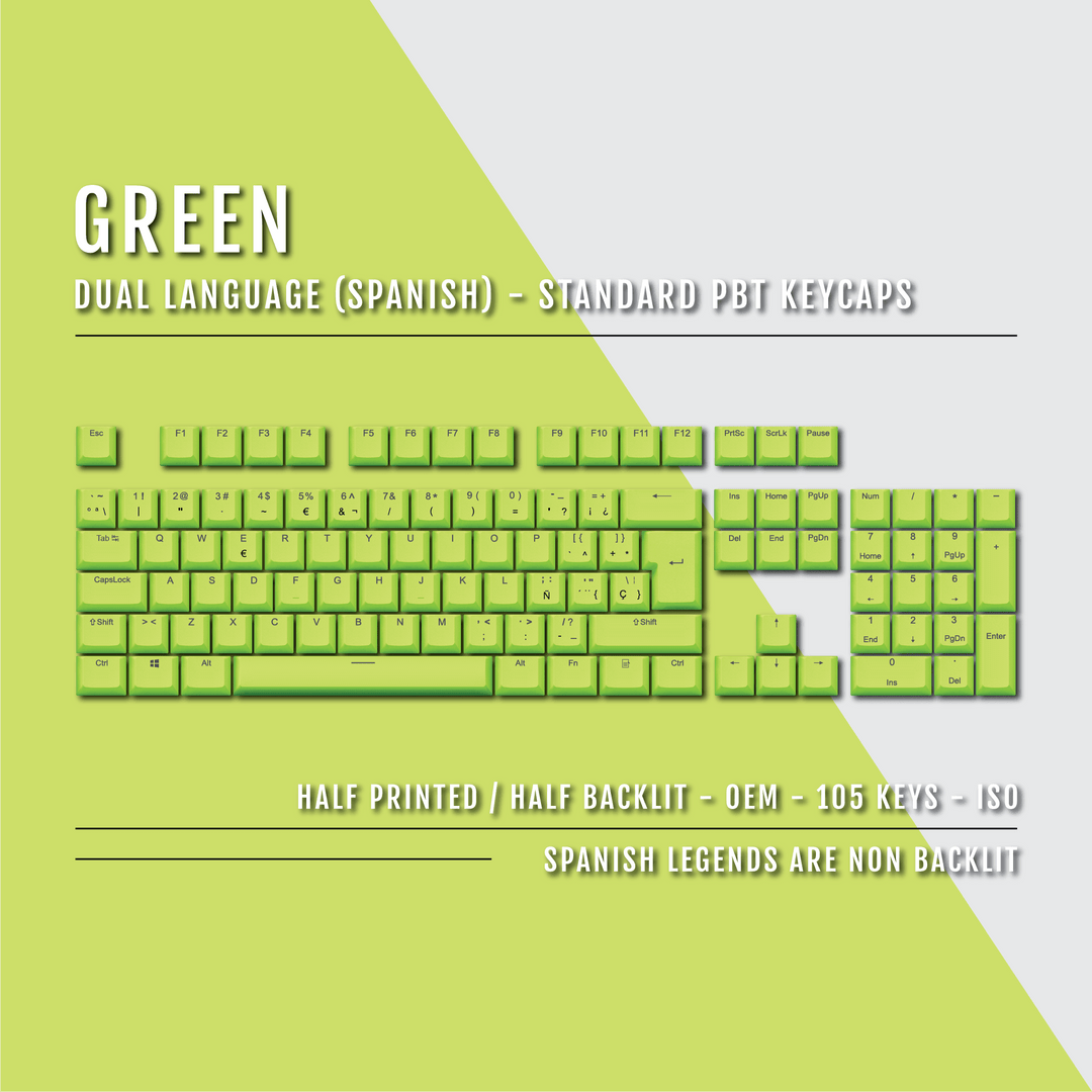 Green PBT Spanish Keycaps - ISO-ES - 100% Size - Dual Language Keycaps - kromekeycaps