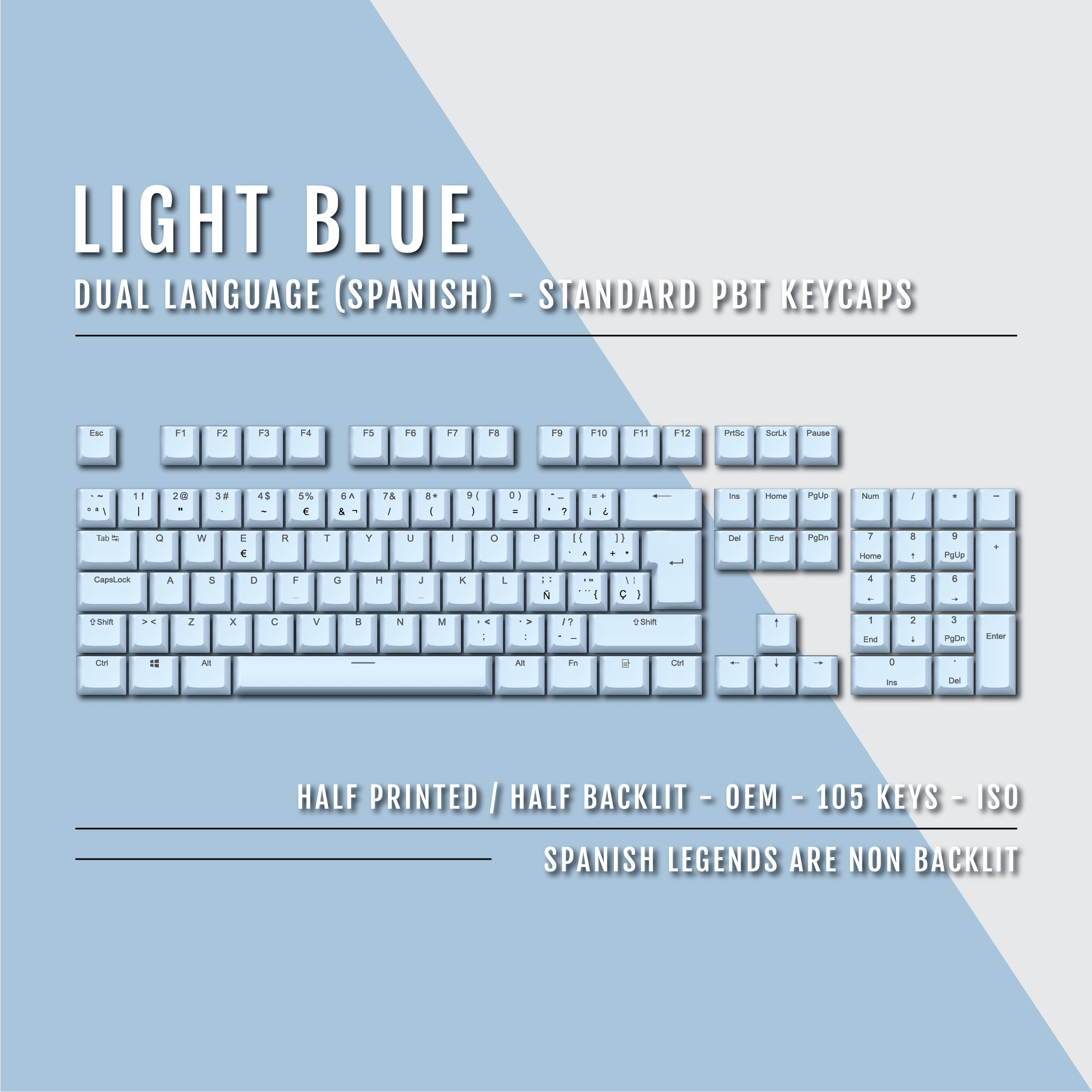 Spanish Key Set Light Blue Spanish (ISO-ES) Dual Language PBT Keycaps – Krome Keycaps LTD