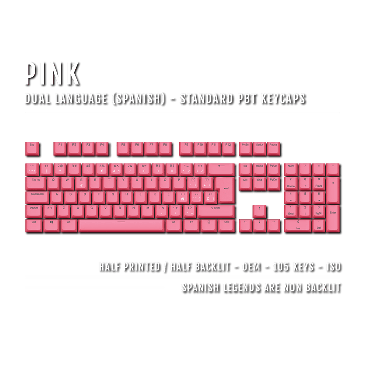 Pink PBT Spanish Keycaps - ISO-ES - 100% Size - Dual Language Keycaps - kromekeycaps