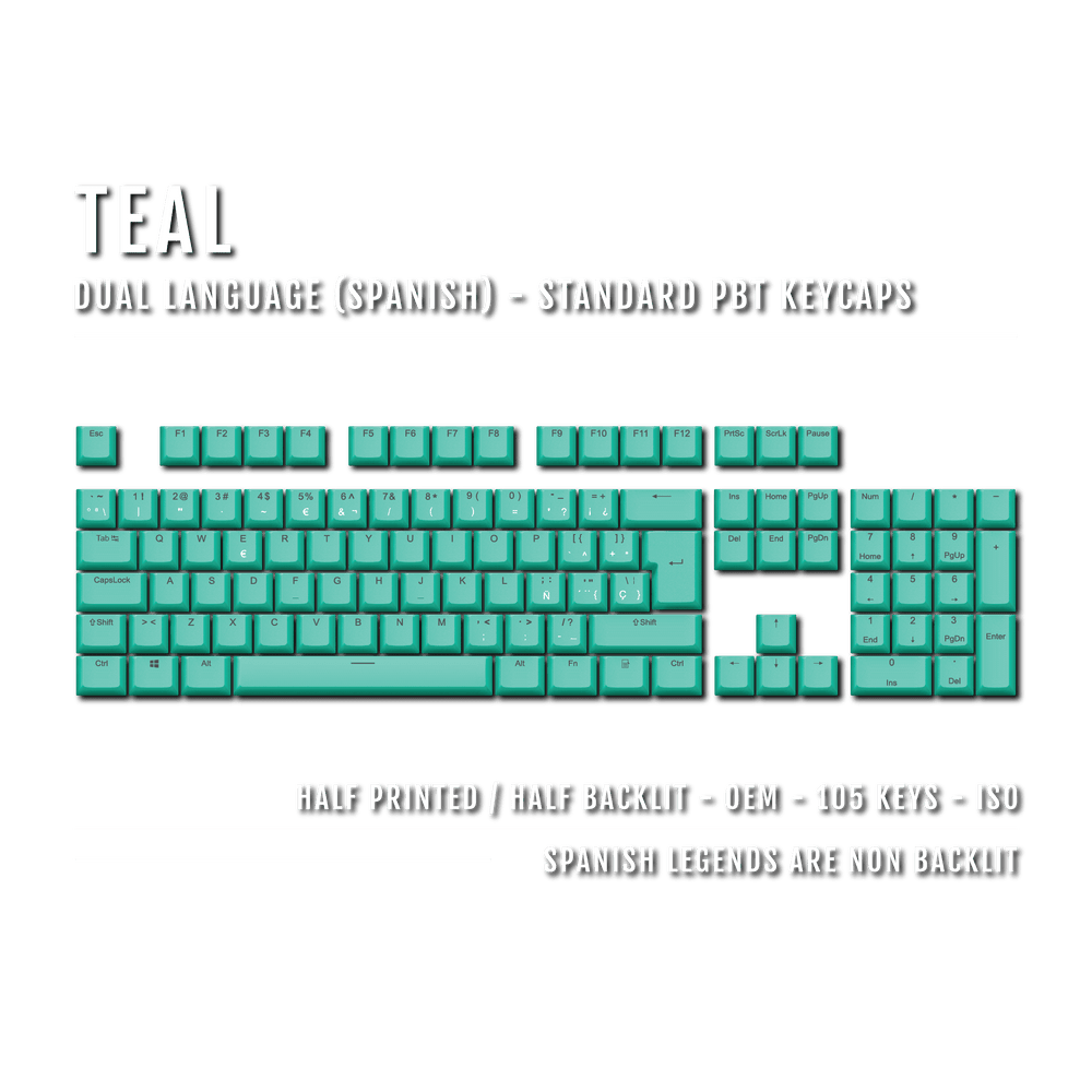 Teal PBT Spanish Keycaps - ISO-ES - 100% Size - Dual Language Keycaps - kromekeycaps