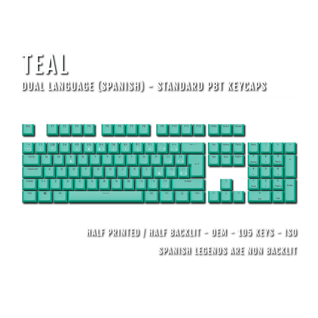 Teal PBT Spanish Keycaps - ISO-ES - 100% Size - Dual Language Keycaps - kromekeycaps